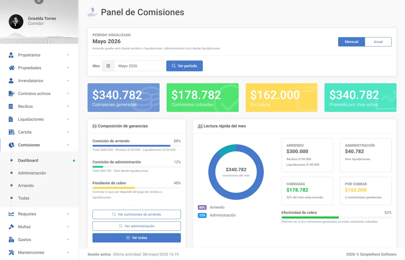 Panel de comisiones de SimpleRent con las comisiones generadas y cobradas del mes