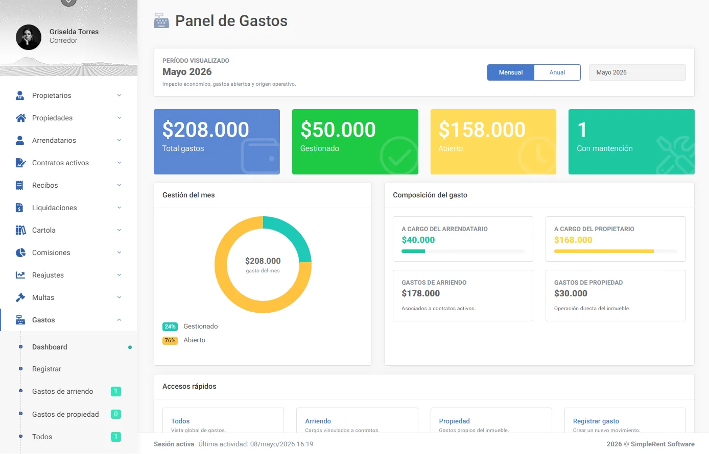 Panel de gastos de SimpleRent con lo gestionado y abierto del mes