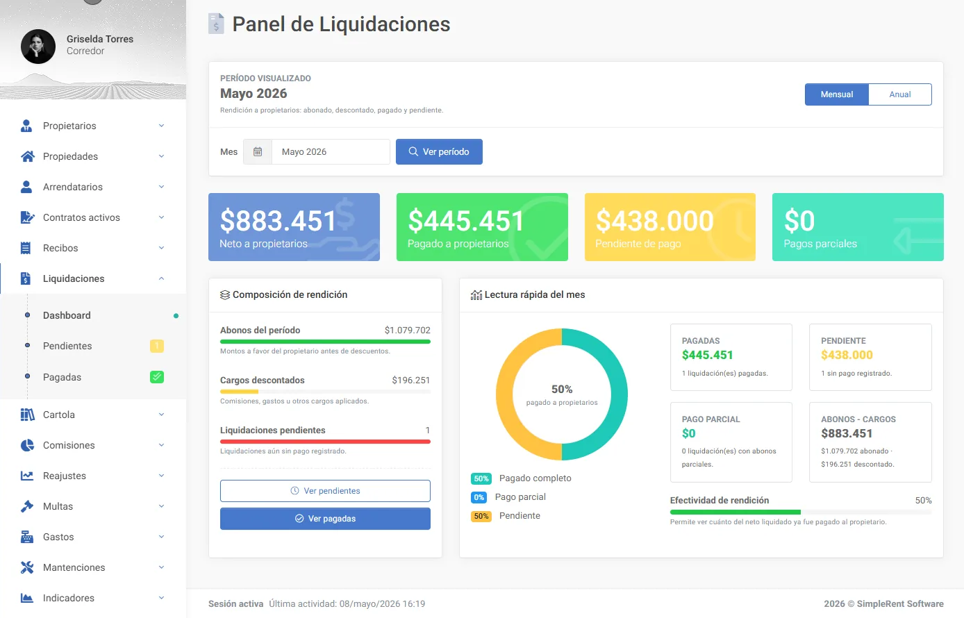 Panel de liquidaciones de SimpleRent con lo pagado y pendiente a propietarios