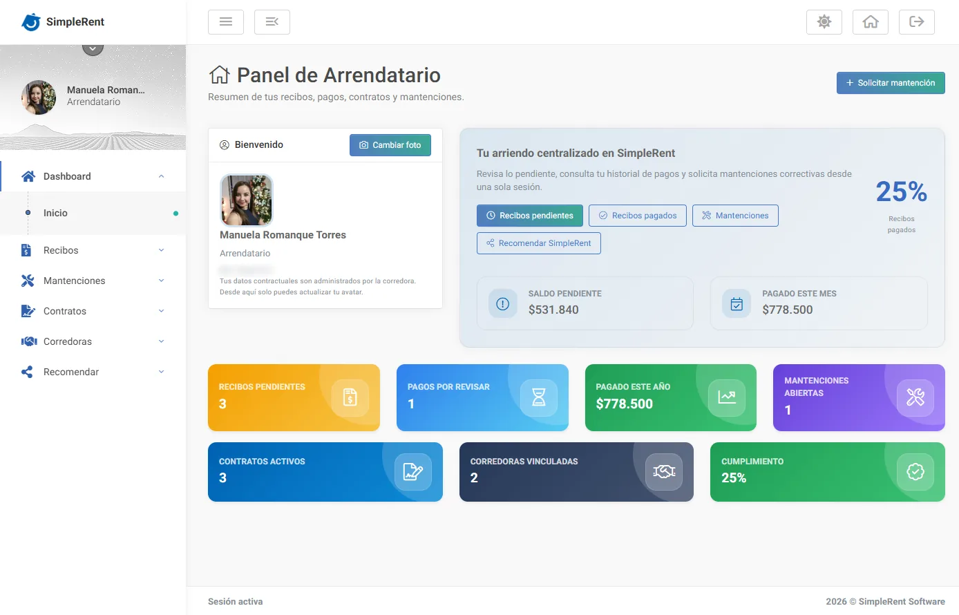 Portal del arrendatario en SimpleRent: recibos pendientes, pagos por revisar y mantenciones