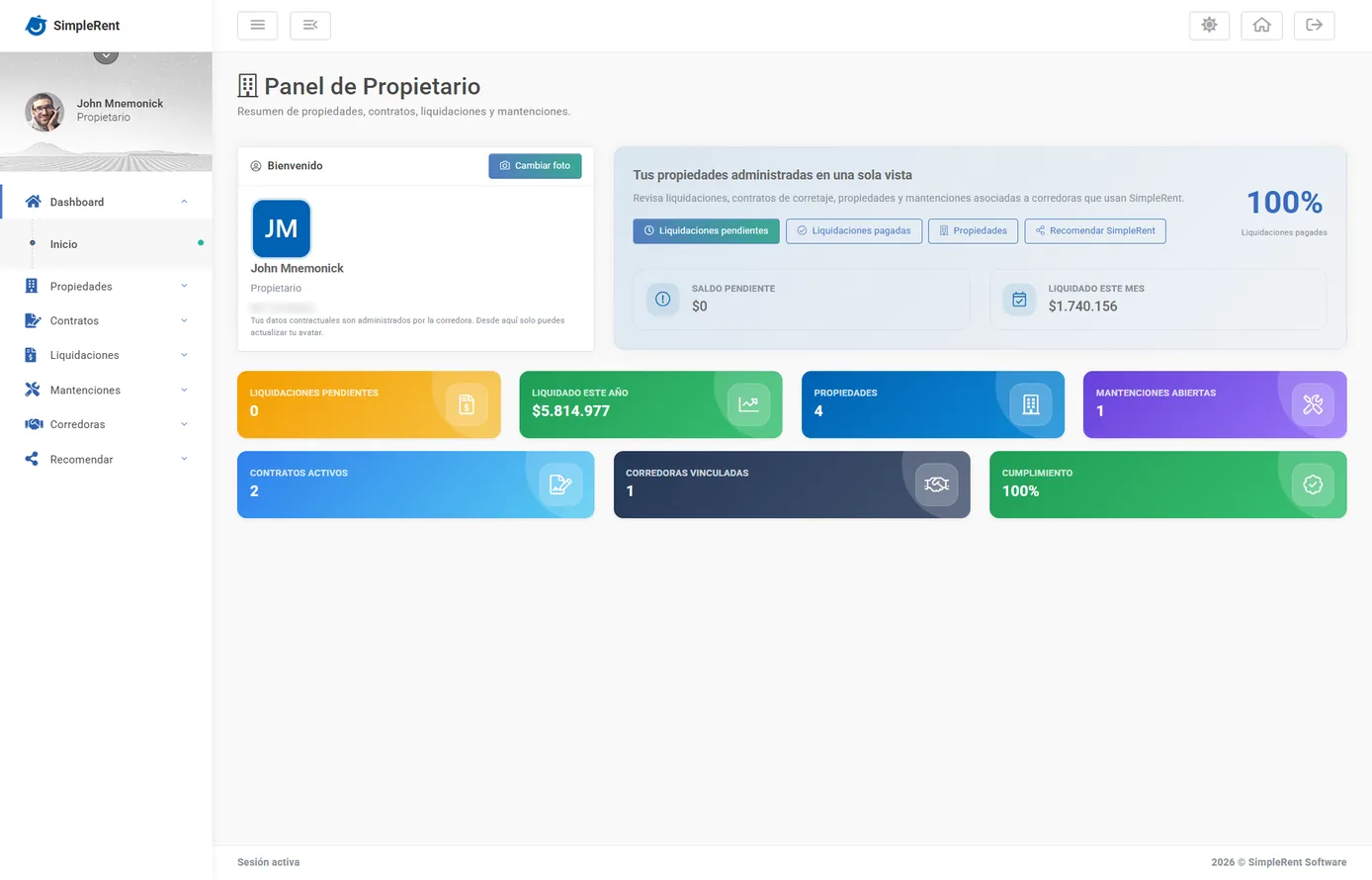 Portal del propietario en SimpleRent: liquidaciones, propiedades, contratos y mantenciones