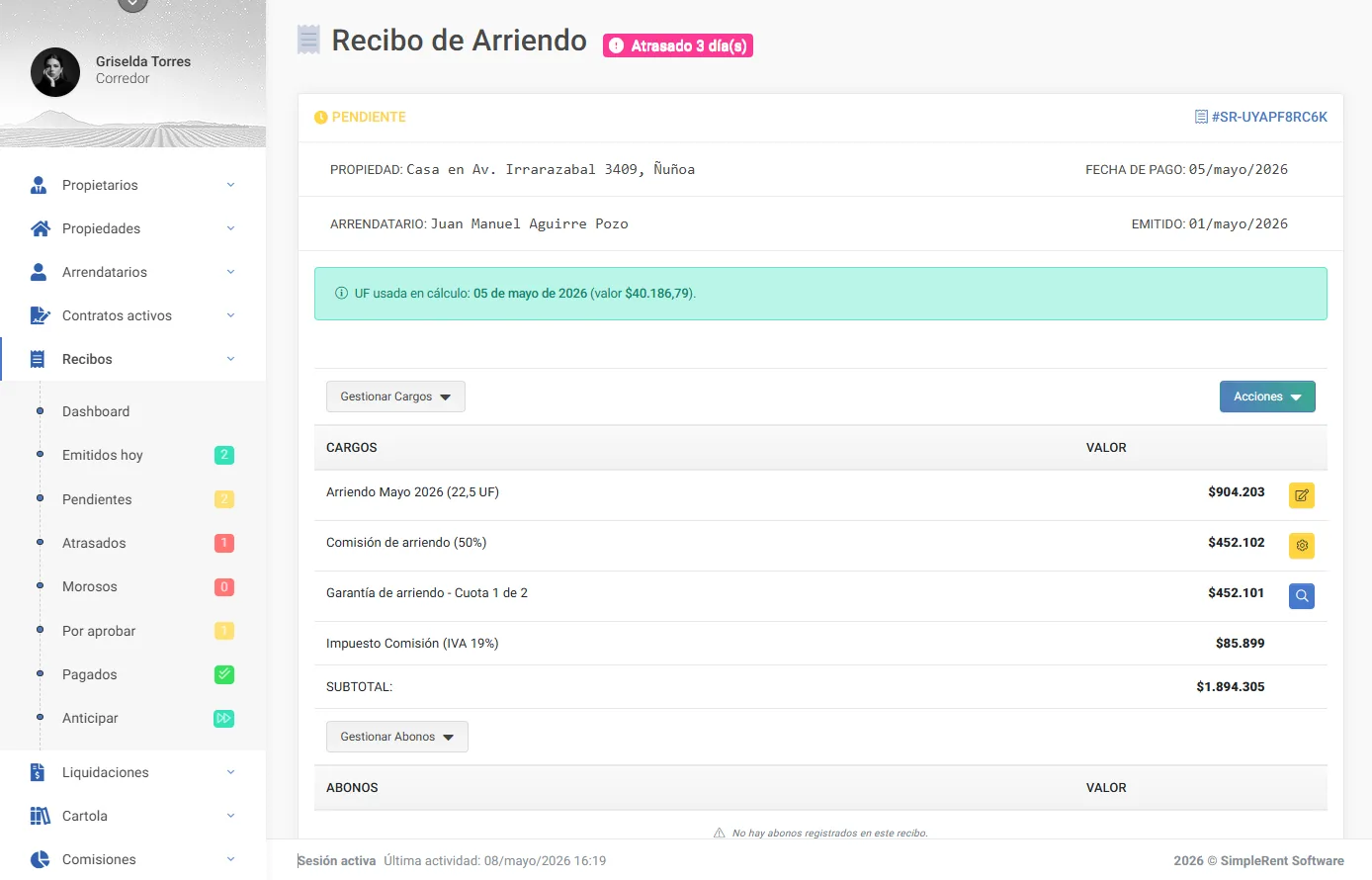 Recibo de arriendo en SimpleRent con el arriendo en UF, la comisión, la cuota de garantía y la UF usada en el cálculo