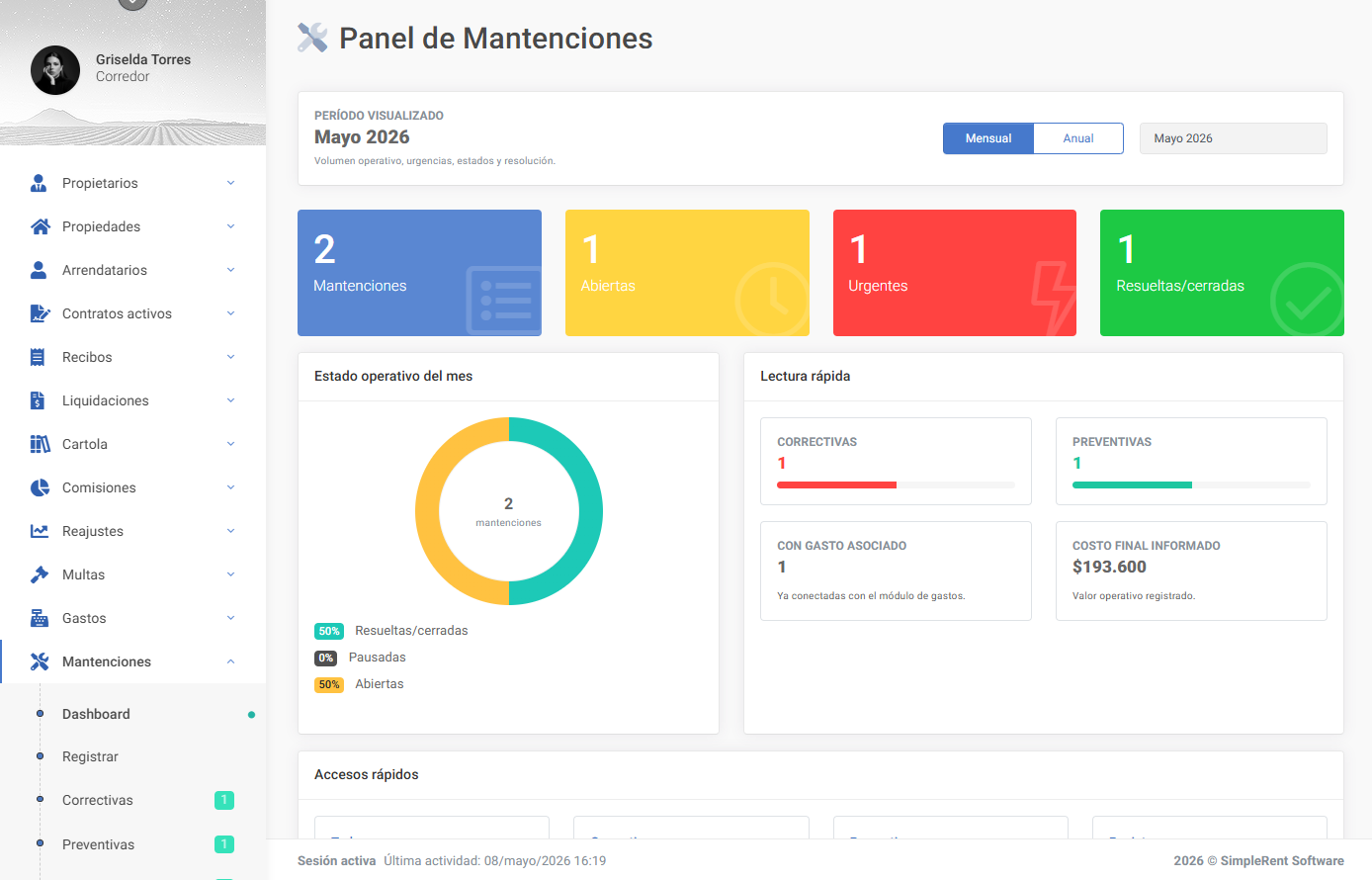 Mantenciones con evidencia y seguimiento en SimpleRent
